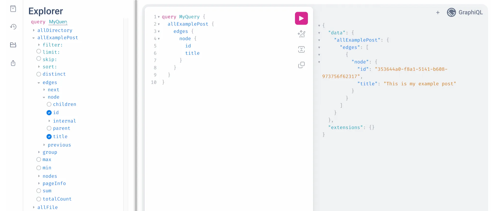 Example query in a local GraphiQL UI