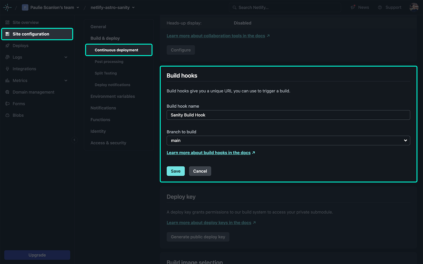 Netlify build hook config